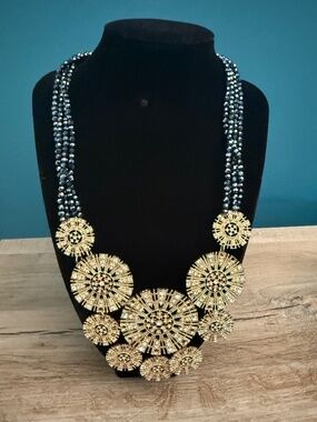 Anthropologie Indigo Beaded Gold Rhinestone Statement Bib Necklace